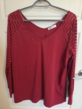 AISEW Red V-Neck Top Sheer Striped Mesh Long Sleeve Size Large Night Out Dinner